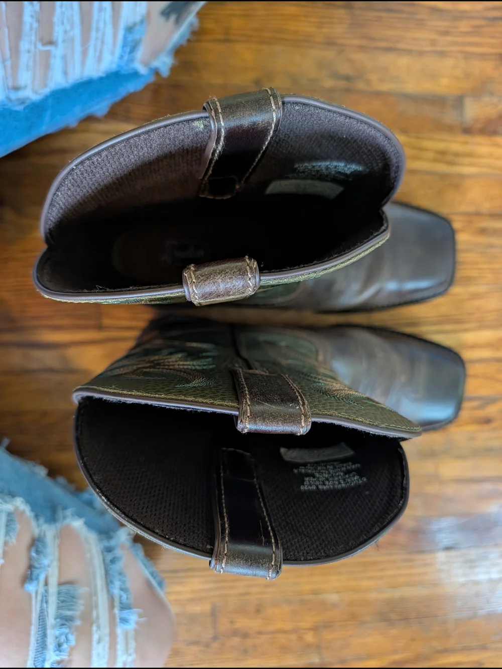 Justin Boots Brown Leather Square-Toe Western Boots with Green Shaft